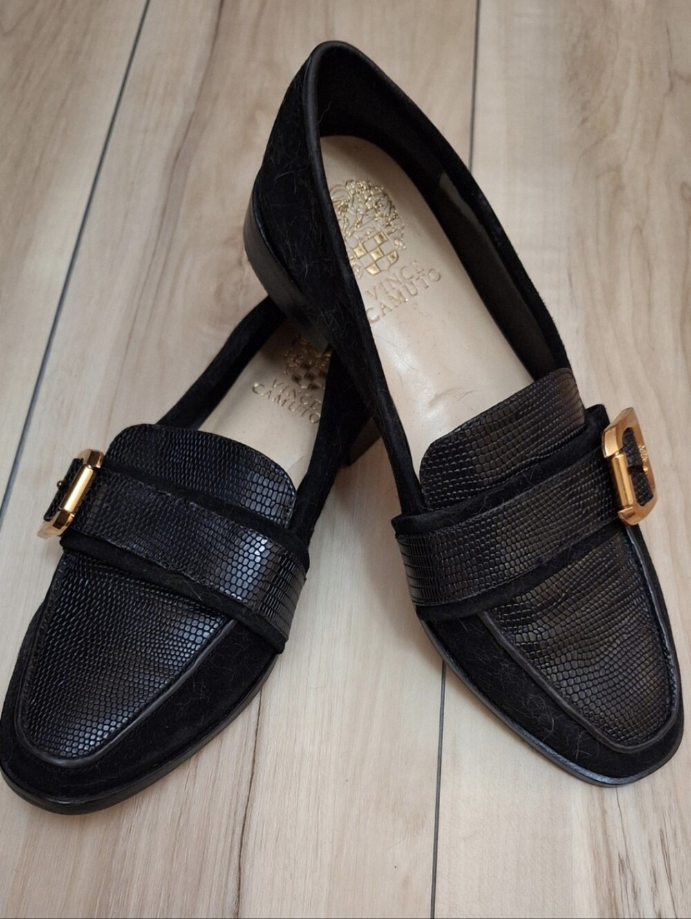 Vince Camuto Black Textured Leather Loafers with Gold Buckle
